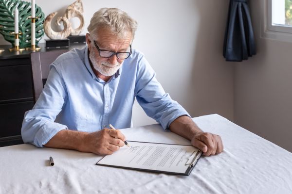 An elderly man writes his will at home